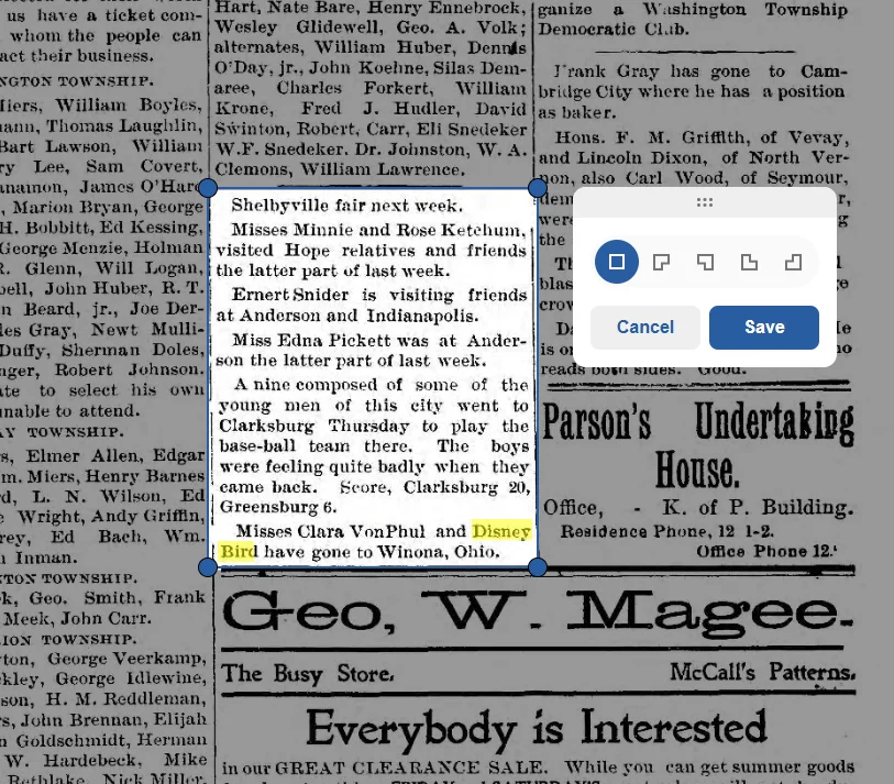 Screenshot of Storied's clipping tool showing a selection box drawn around a newspaper article, with a searched name highlighted in yellow inside the text, and Cancel and Save buttons
