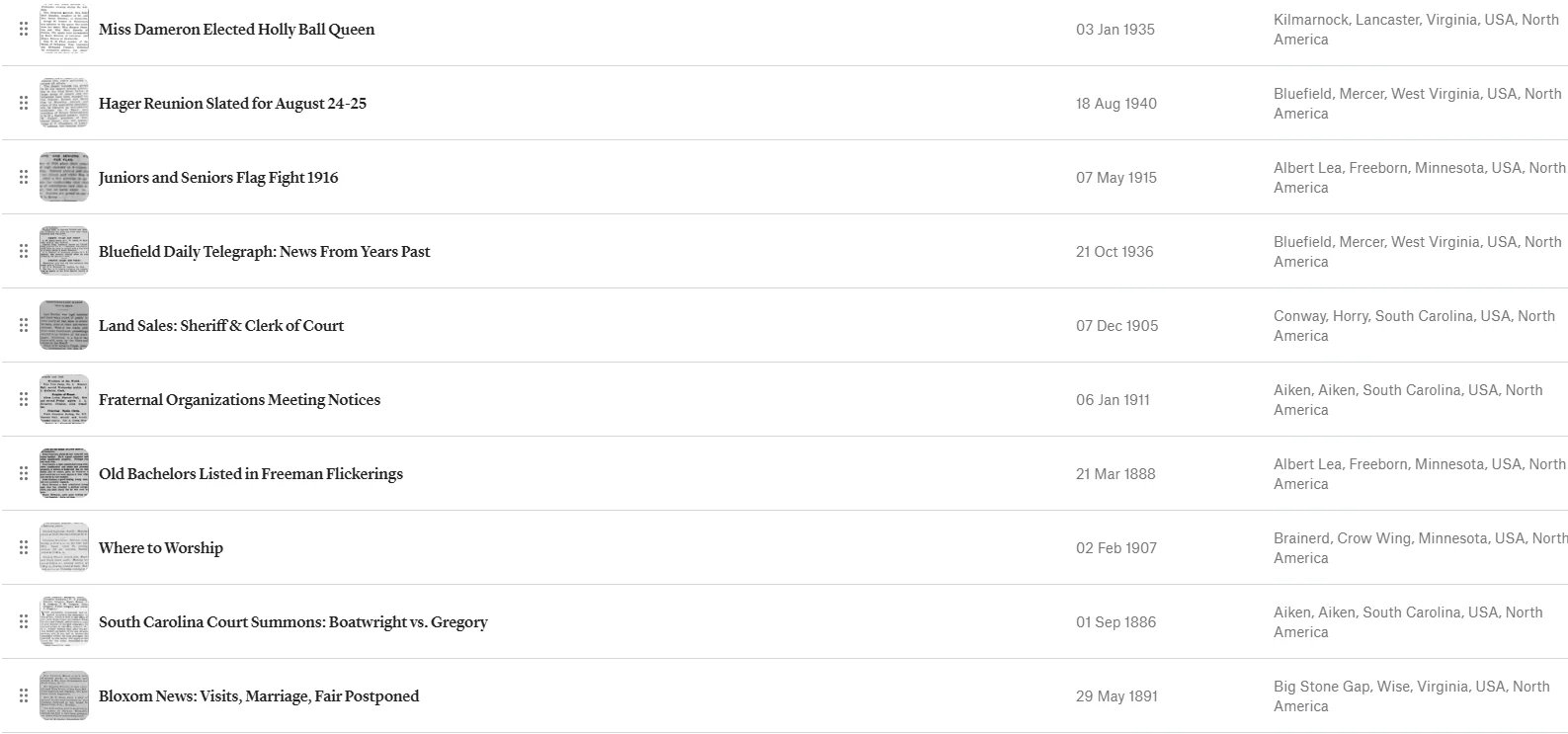 Screenshot of a list of clipping stories with titles, dates, and locations, each with a drag handle for reordering them within a StoriedBook